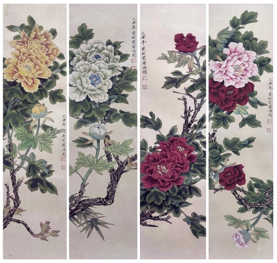 金鸿钧 款 花鸟四条屏 镜片