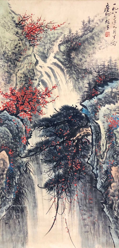 黎雄才 款 松崖飞瀑 立轴
