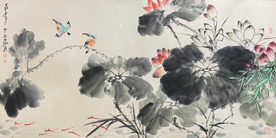 张大千 款 荷趣图 镜片
