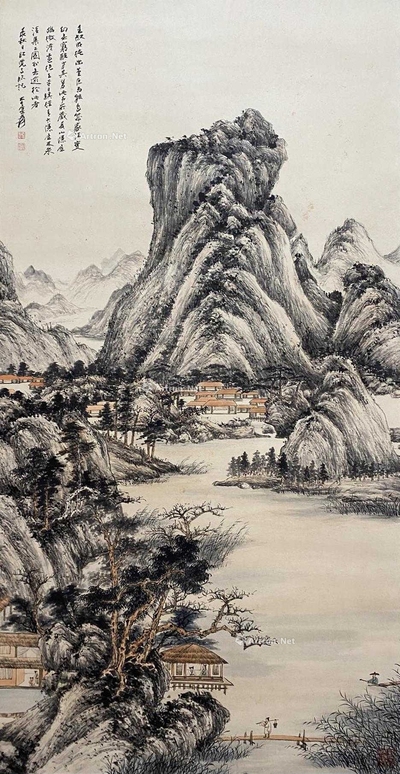 张大千 款 山中行旅图 立轴