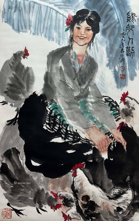 石齐 款 饲鸡图 立轴