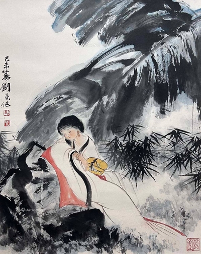刘旦宅 款 蕉荫仕女 立轴