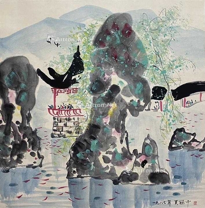 吴冠中 款 园林小景 立轴