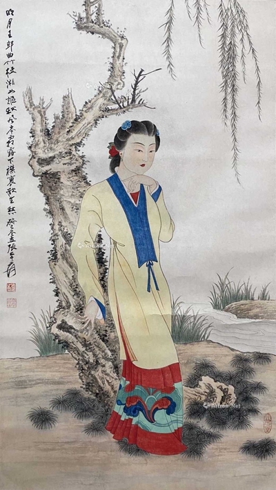 张大千 款 垂柳仕女 立轴