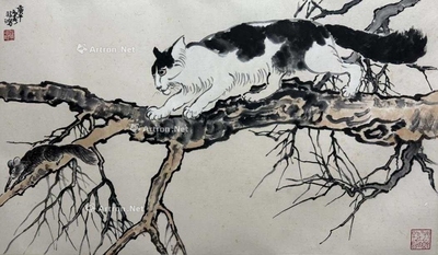 徐悲鸿 款 猫踞图 镜片