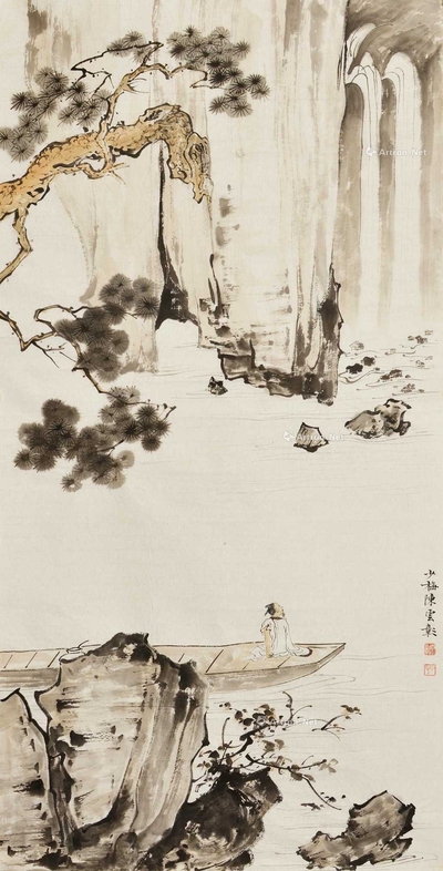 陈少梅 款 晴岚赏瀑 镜片