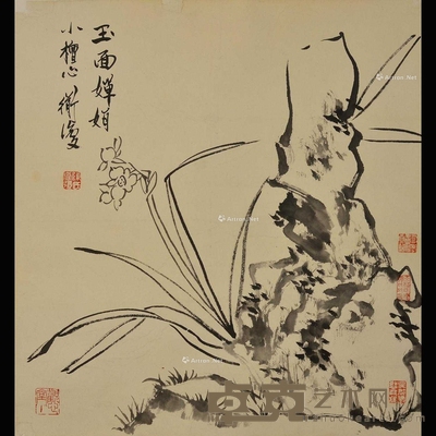陈淳 款 玉面婵君 镜片 45×48cm