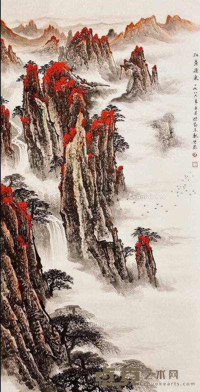 魏紫熙 款 1986年作 红叶飞泉 镜片 137×67cm